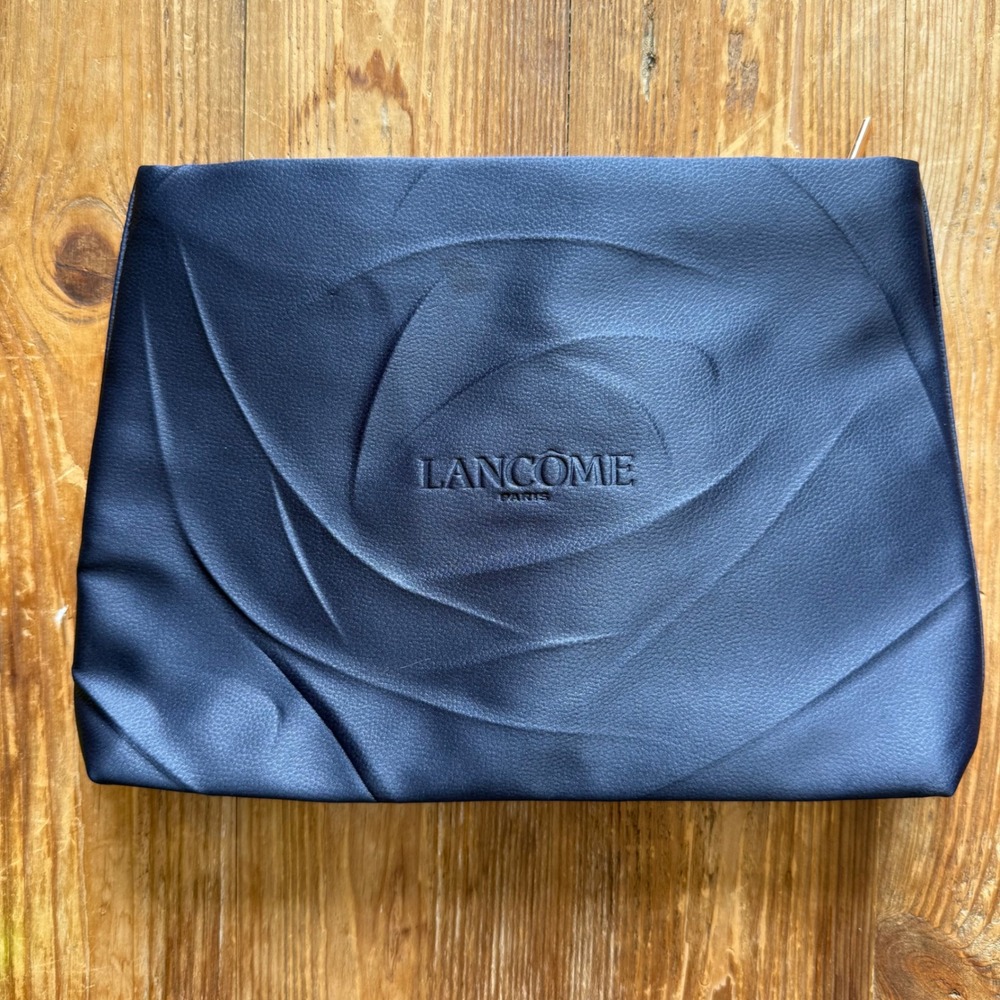 Lancome Paris Navy Blue Rose Embossed Cosmetic Makeup Bag Pouch Rose Gold Zip